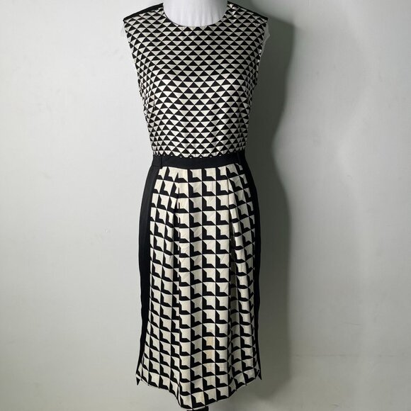 Malene Birger Women's Cream Black Geometric Print Shift Silk Dress Size 34 - Picture 1 of 16